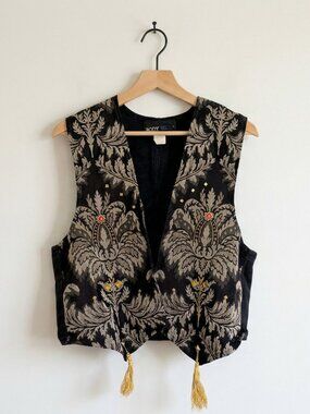 Vintage 80s Body Blue Embellished Vest Black Gray Tapestry Faux Jewels Women’s L
